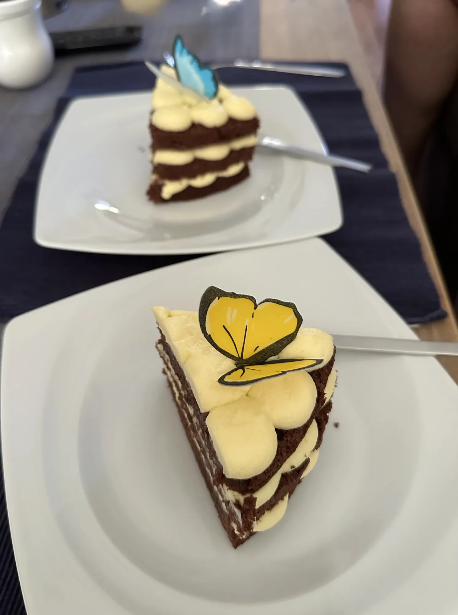 Zwei Tortenstücke mit dunklem Schokoboden und gelber Creme, verziert mit essbaren Schmetterlingen, auf weißen eckigen Tellern