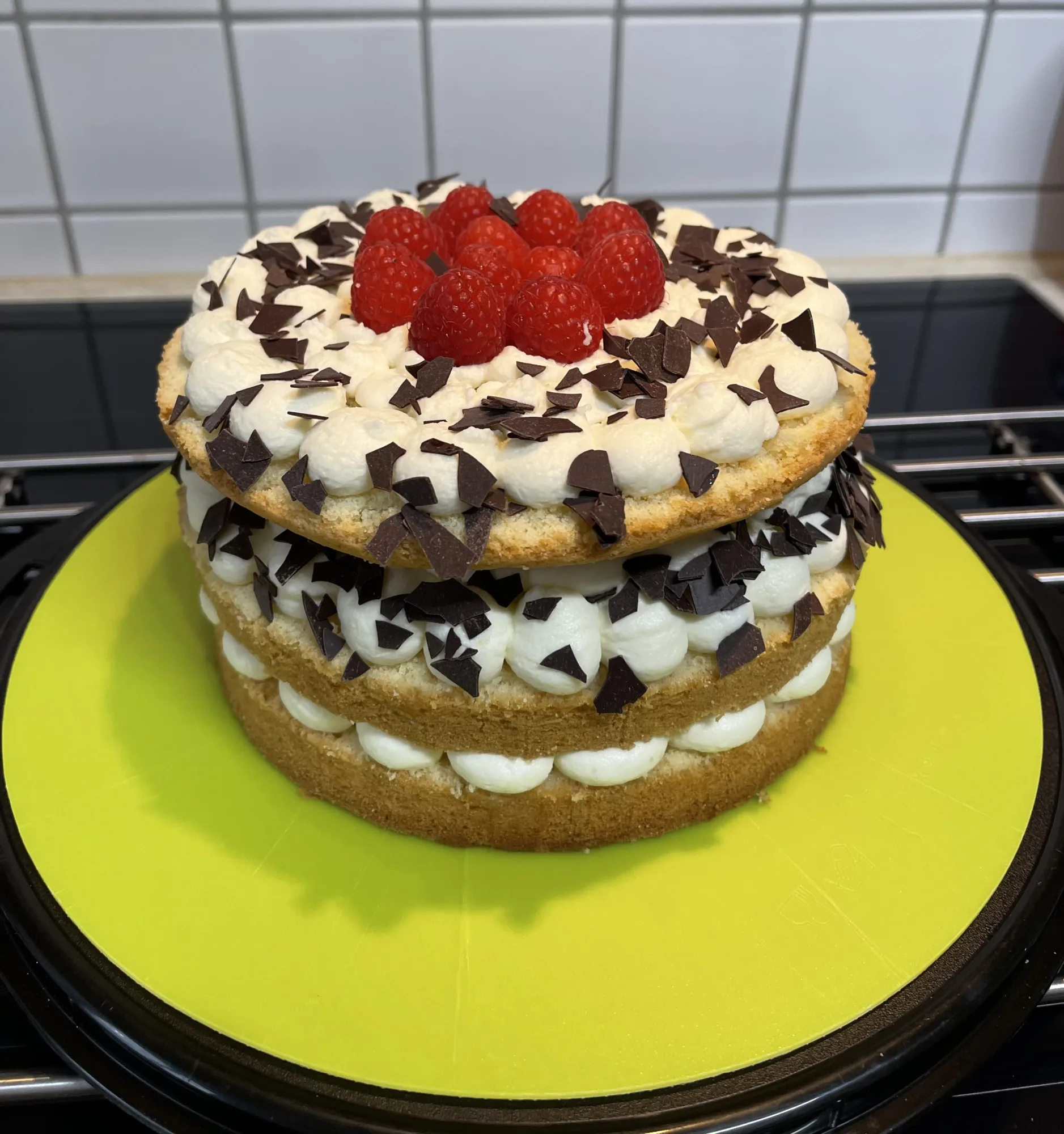 Kleine Torte mit drei Biskuitböden, Sahnetupfen, dunklen Schokoladensplittern und Himbeeren obenauf, auf grüner Platte.