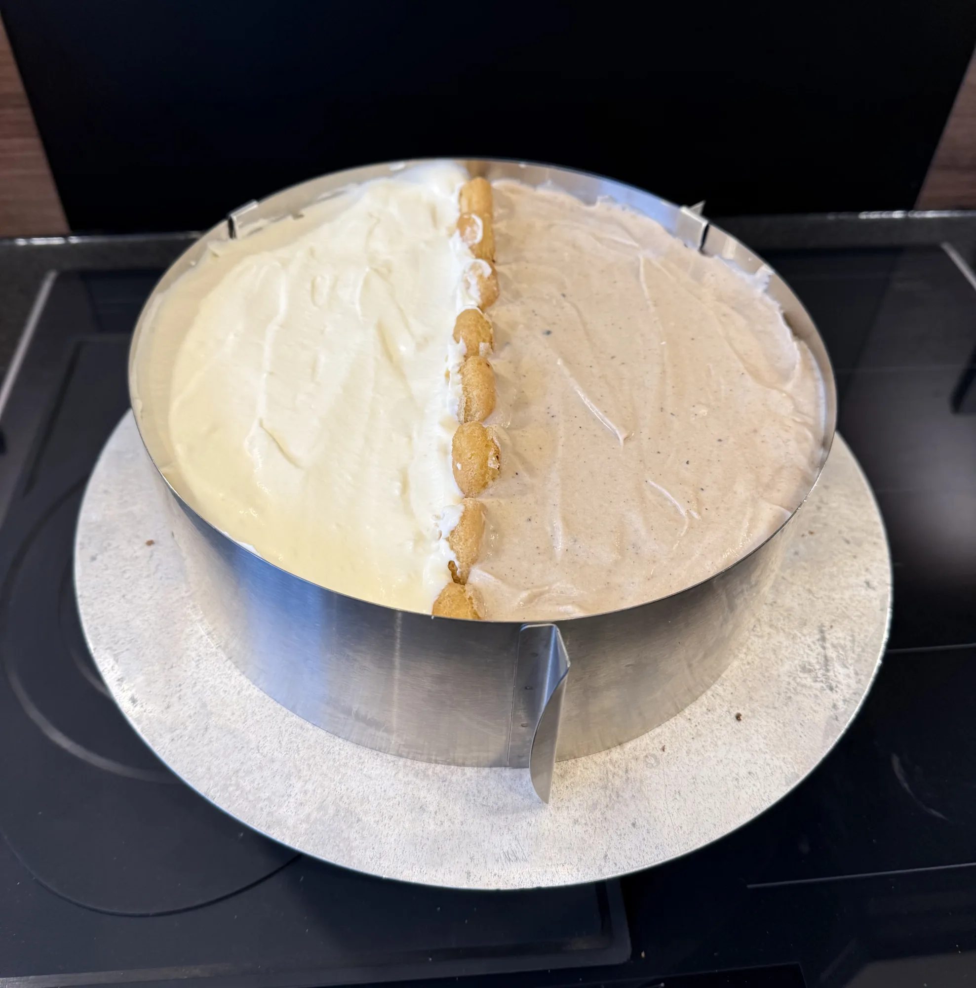 Sahnetorte halb/halb im Tortenring: links helle Creme, rechts beige Creme, getrennt durch eine Reihe Löffelbiskuits