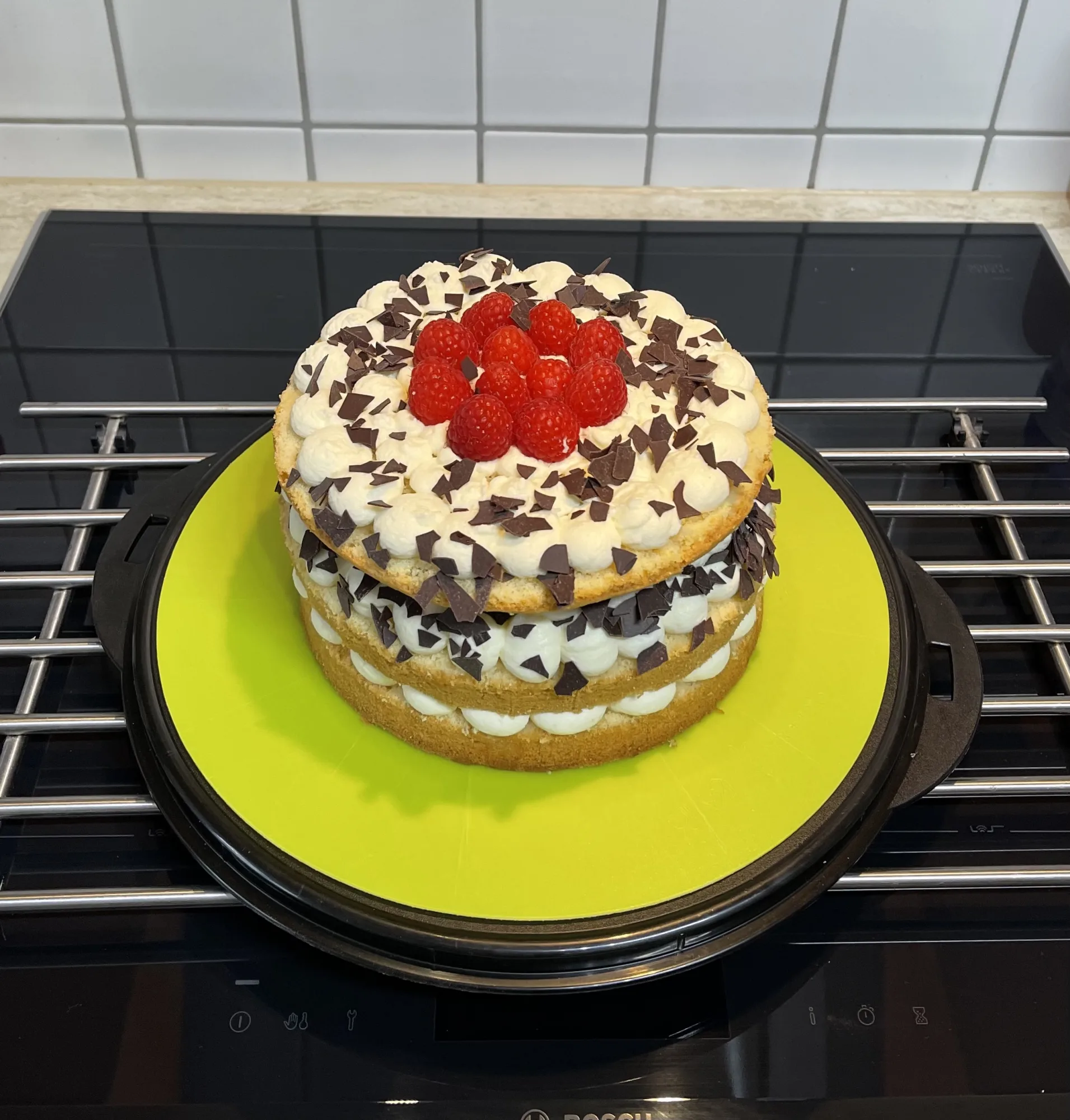Kleine Torte mit drei Böden, Sahnetupfen, Schokoraspeln und Himbeeren obenauf, auf grüner Unterlage auf dem Herd