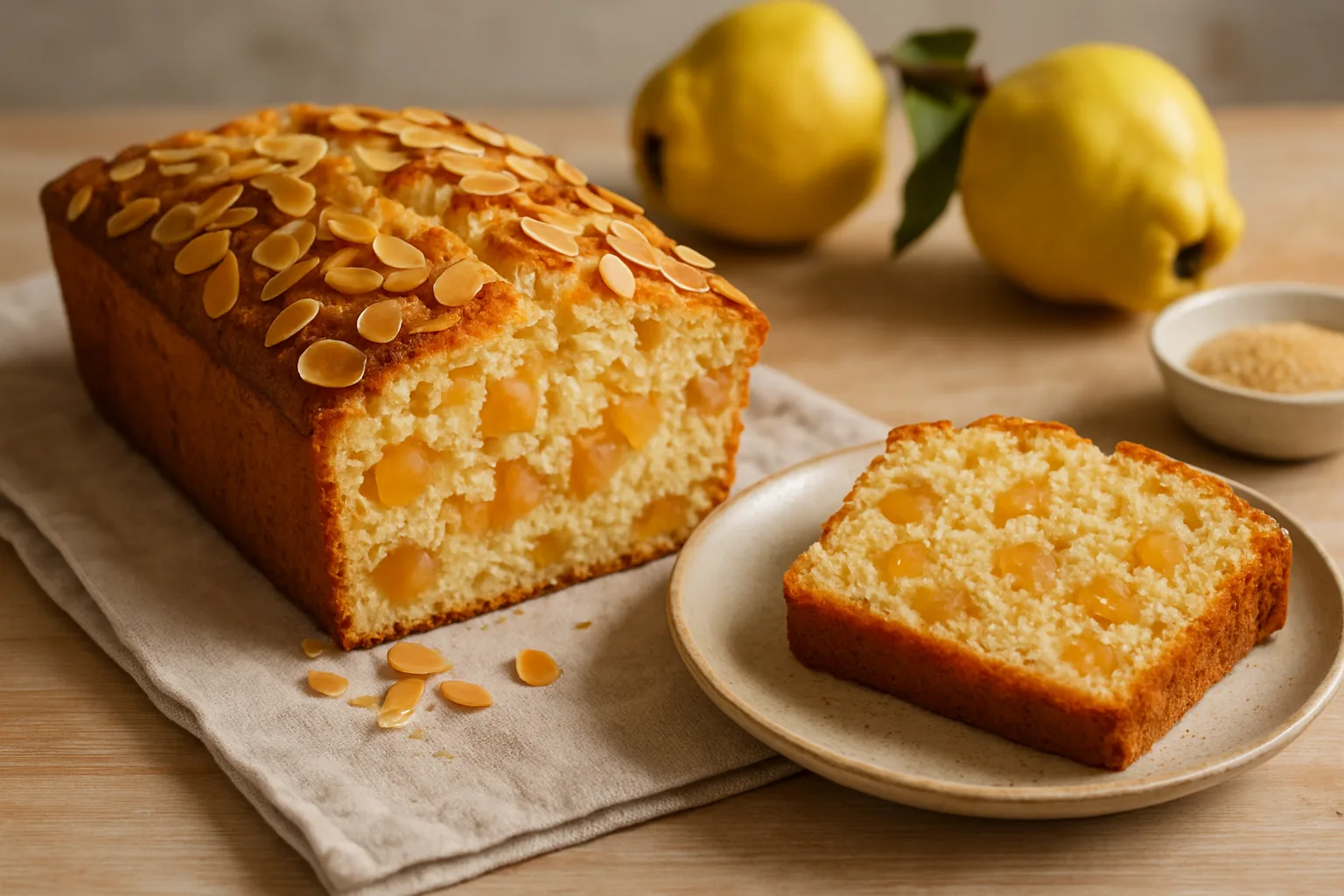 Sliced quince loaf cake topped with almond flakes, quince pieces in the crumb, one slice on a plate, two quinces behind