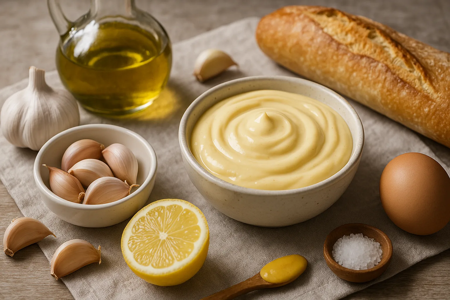 Aioli-Dipp in heller Schale, umgeben von Knoblauch, Olivenöl, Zitronenhälfte, Ei, Salz, Senf und einem Baguette auf Leinentuch