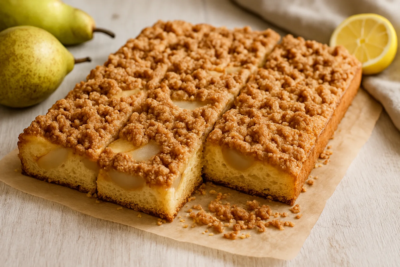 Pear sheet cake with crumble topping, cut into pieces on parchment paper, with fresh pears and a halved lemon alongside.