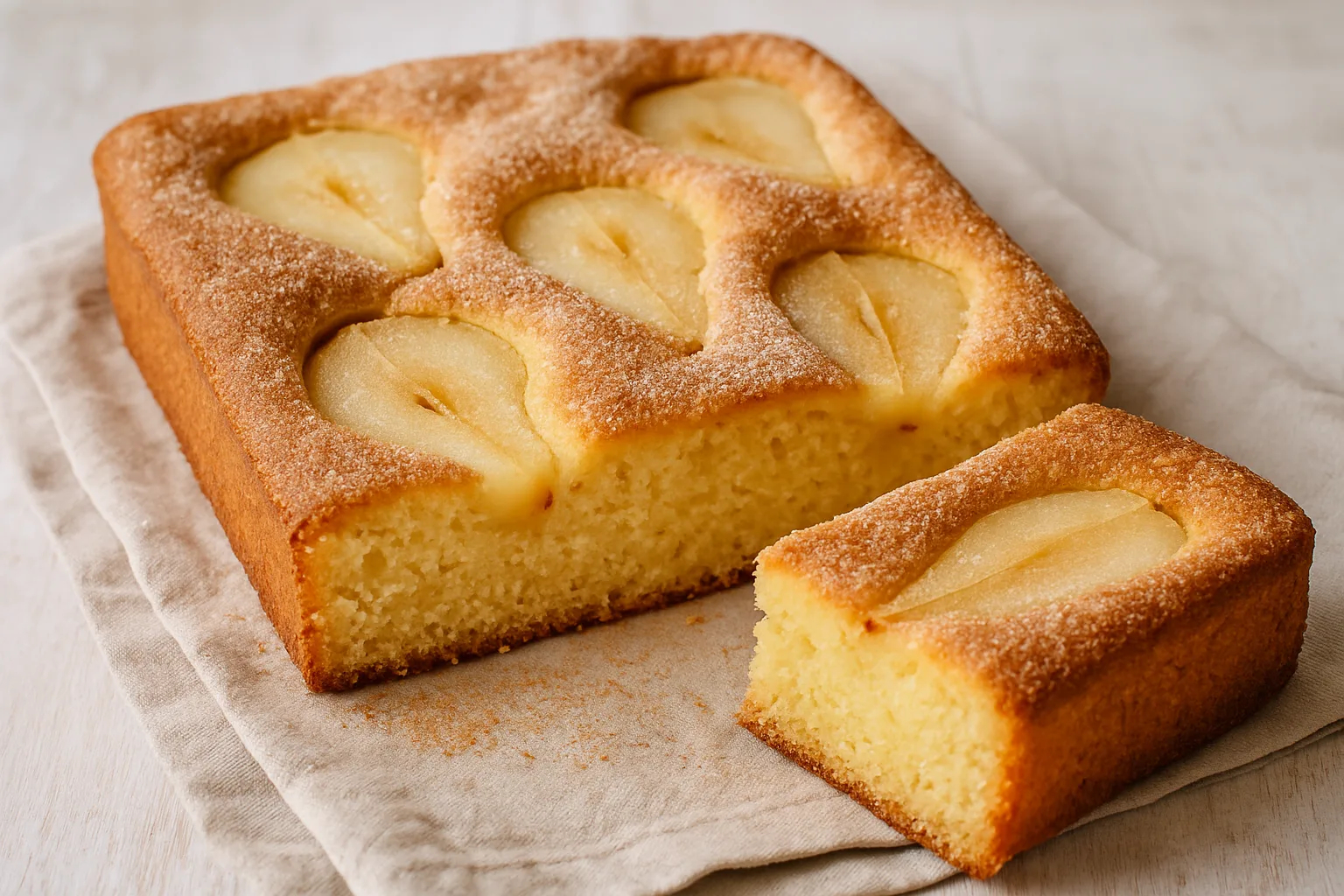 Sunken pear cake with cinnamon sugar on a linen cloth, one piece cut off, pear halves set into the golden-brown top