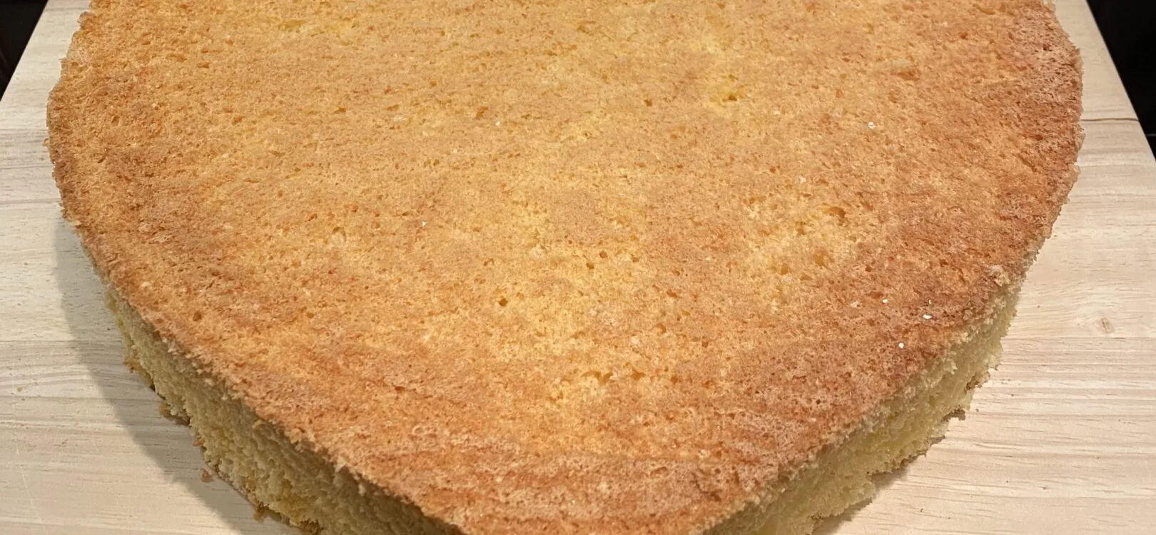 Round sponge cake base with a golden-brown, fine-pored top and pale yellow sides on a light wooden board