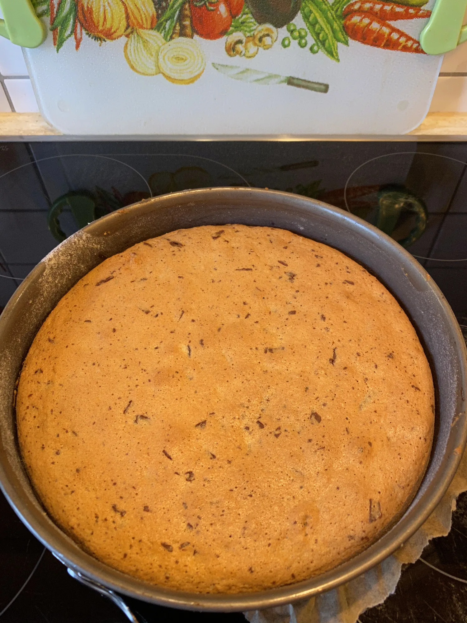 Golden-brown baked cake base with chocolate pieces in a springform pan, cooling on the stovetop – Eierlikör-Sahne-Torte.